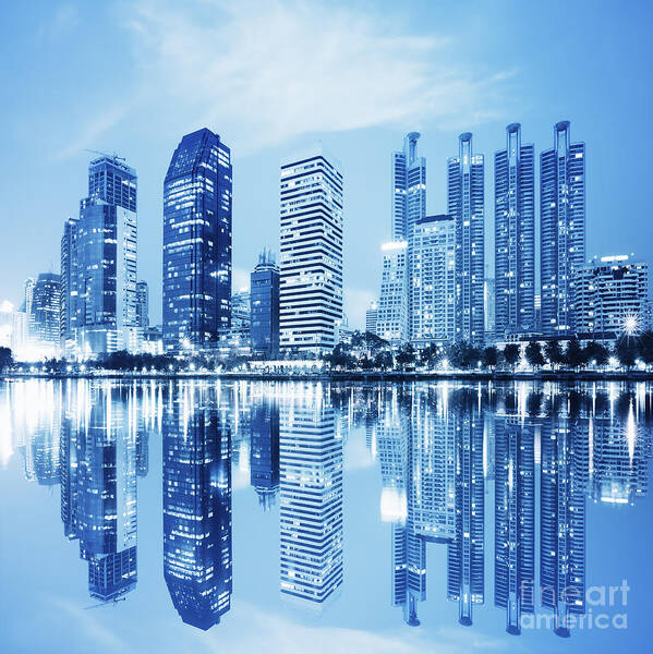 Modern Skyline Reflection on Water Wall Art