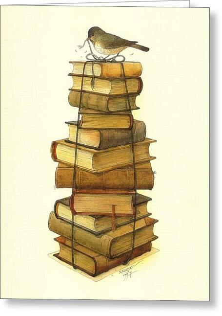 Bird on Stack of Books Greeting Card