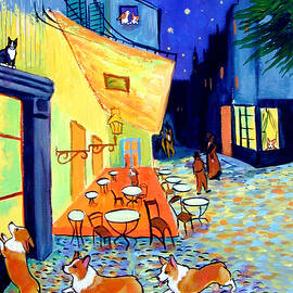 Cafe Terrace at Night - after Van Gogh with Corgis by Lyn Cook