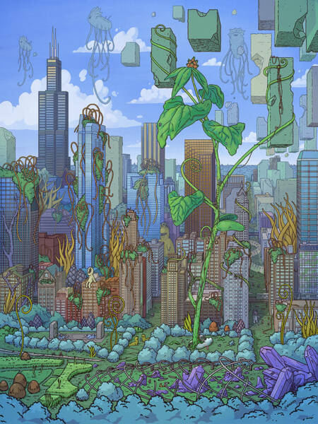 Floating Jellyfish over Urban Landscape Wall Art