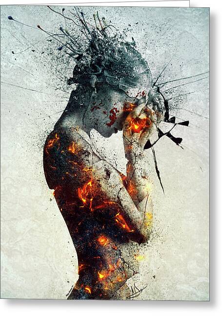 Fragmented Human Portrait in Flames Greeting Card