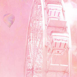 Dreamy Baby Pink Ferris Wheel Carnival Art With Hot Air Balloons by Kathy Fornal
