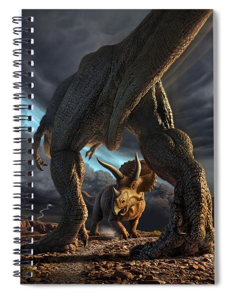 Dinosaur Clash Under Stormy Skies Spiral Notebook