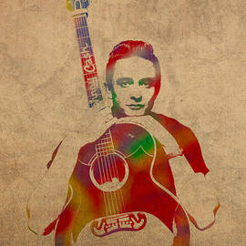 Johnny Cash Watercolor Portrait on Worn Distressed Canvas by Design Turnpike