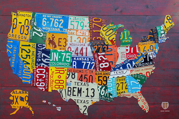 Map of USA with License Plates Wall Art