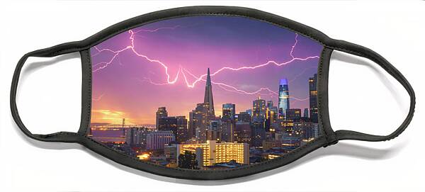 Lightning Strikes Over City Skyline Face Mask