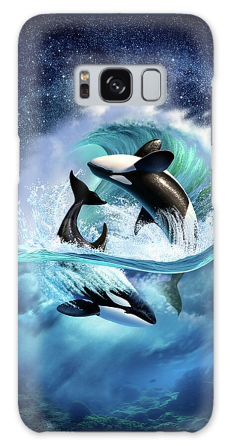 Orcas Leap Beneath a Starry Sky Galaxy Case