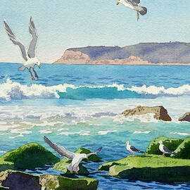 Point Loma Rocks Waves and Seagulls by Mary Helmreich