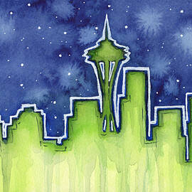 Seattle Night Sky Watercolor by Olga Shvartsur