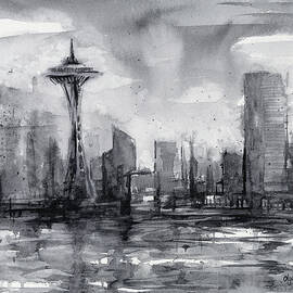 Seattle Skyline Painting Watercolor  by Olga Shvartsur