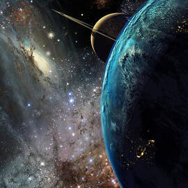 Galaxies Collide Over Terraformed Titan by Don Dixon