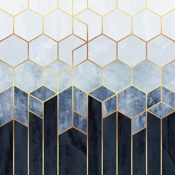 Hexagonal Geometric Blue and Gold Design Wall Art