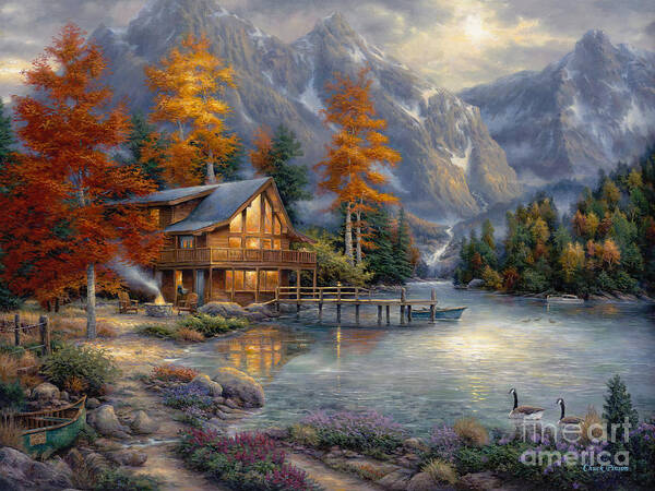 Tranquil Lakeside Mountain Cabin Wall Art