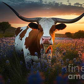 Texas longhorn cow, bluebonnets at sunset by Delphimages Photo Creations