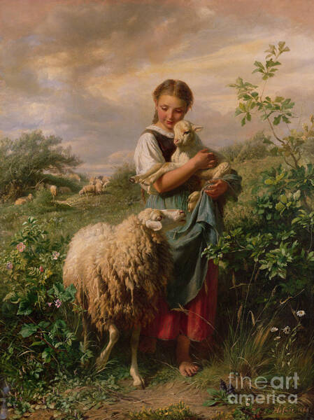 Girl with Sheep and Lamb Wall Art