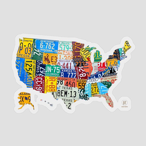 Map of USA with License Plates Sticker